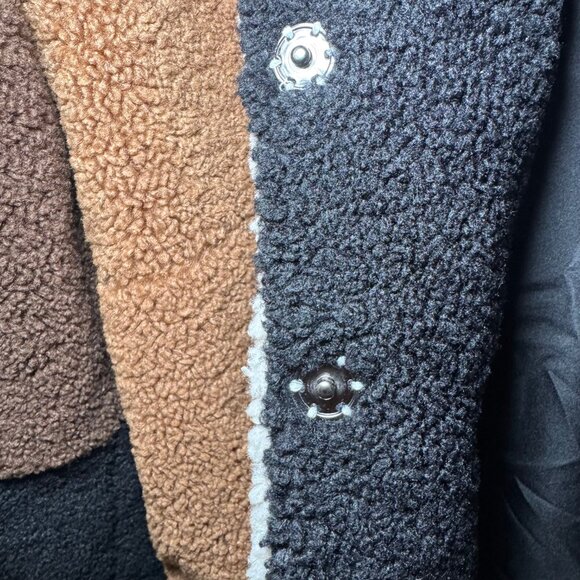 Steve Madden Willow Jacket Colorblock Brown Black Off-White Sherpa Size Large - Picture 7 of 9